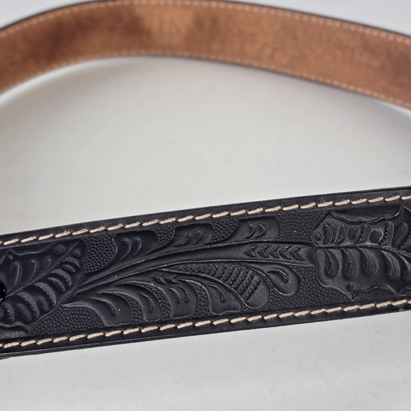 1983 Bergamot Brass Works Deer Buckle Western Tooled Leather Belt Size 32 USA - Picture 3 of 7